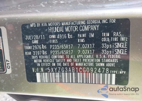 2012 Hyundai Santa Fe Gls from USA, damaged, VIN 5XYZG3AB1CG092478